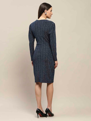 Madame Overlapping Detailed Navy Blue Knitted Midi Dress