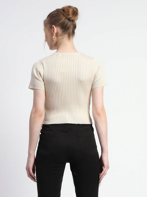 Madame Solid Beige Ribbed Crew Neck Crop Top
