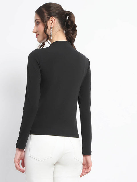 Madame Abstract Print Sleeve Crew Neck Black Top