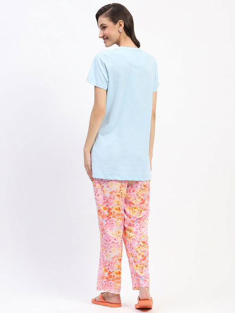 mSECRET Typography Adorned Sky Blue T-shirt with Floral Print Pyjama Nightsuit Set