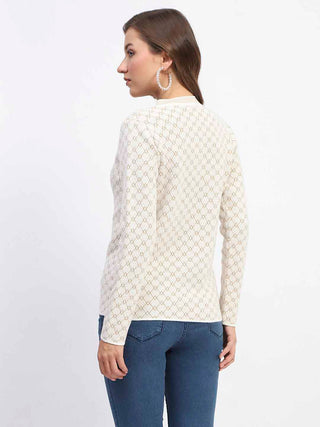 Madame Offwhite Printed Buttoned Cardigan