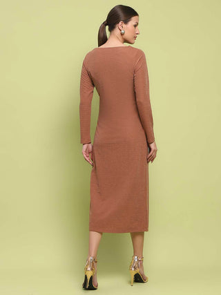 Madame Front Ruched Self Design Rust Red Knit Maxi Dress