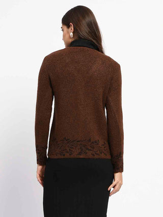 Madame Cable Knit Botanical Print Buttoned Brown Cardigan