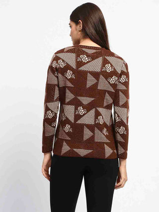 Madame Crew Neck Geometric Print Brown Cardigan