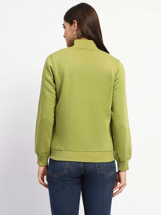 Madame Typography Print Zipped Olive Green Sweatshirt