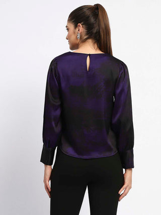 Madame Boat Neck Cuff Sleeve Abstract Print Black Top