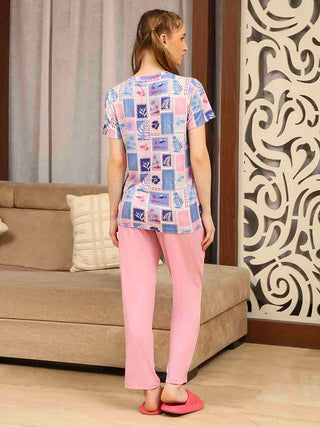 mSECRET Botanical Print Top and Solid Bottoms Pink Night Suit