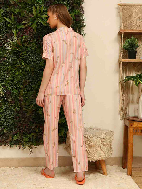 mSECRET Rayon Striped and Bottom Peach Night Suit