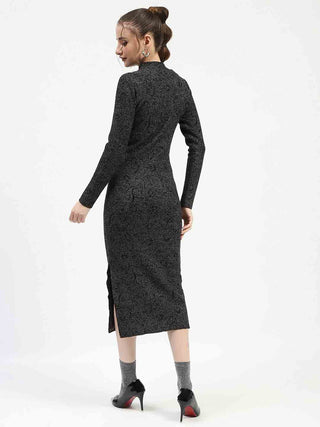 Madame Black Textured Bodycon Dress with Long Sleeves Sweater