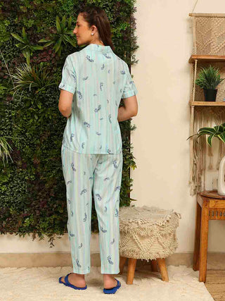 mSECRET Rayon Striped Top and Bottom Aqua Blue Night Suit