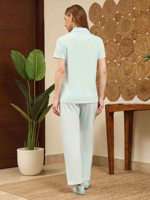 mSECRET Notch Collar Top and Bottoms Turquoise Cotton Night Suit