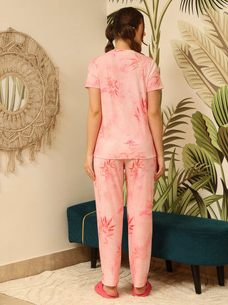 mSECRET Graphic Print Top and Straight Bottom Coral Nightsuit