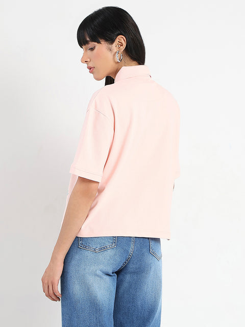 Madame Graphic Print Cotton Blend Peach Polo T-shirt
