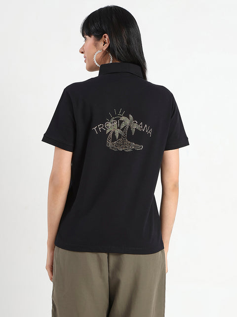 Madame Embellished Cotton Blend Black Polo T-shirt