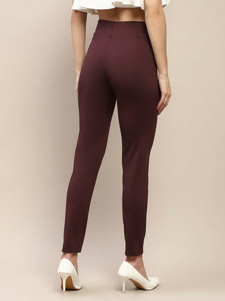 Madame Pleated Solid Wine Red Rayon Blend Jeggings