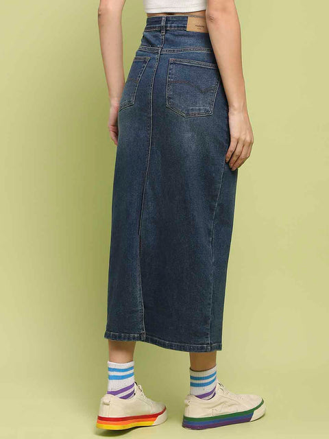 Madame Dark Blue Whiskered Cotton Midi Denim Skirt