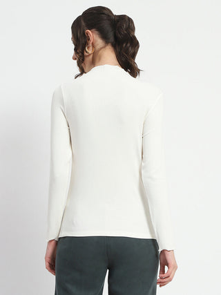 Madame High Neck Full Sleeve Solid White Top