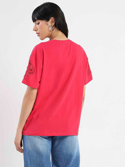 Madame Embroidered Sleeve Solid Red Cotton T-Shirt