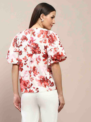 Madame Floral Print Red Cotton Top