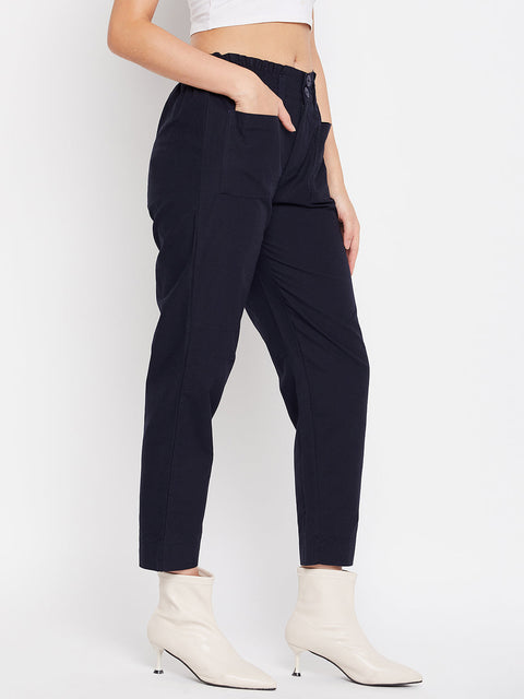 Madame Navy Cotton Ankle Length Trousers