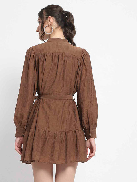 Madame Buckle Detailed Solid Chocolate Brown Shirt Dress
