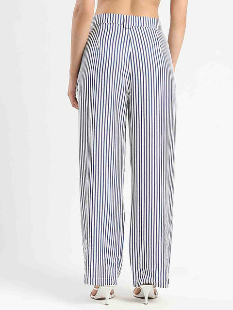 Madame Striped Wide Leg Viscose Blend Navy Blue Trousers