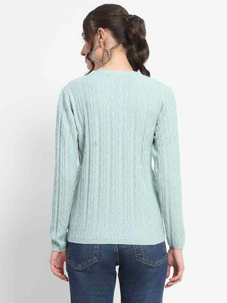Madame Cable Knit Self Design Solid Mint Green Acrylic Cardigan