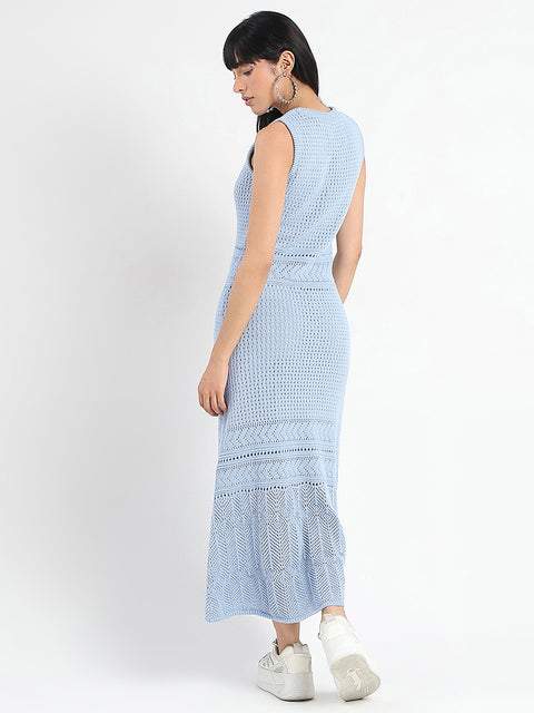 Madame Textured Panels Geometric Hem Sky Blue Maxi Dress
