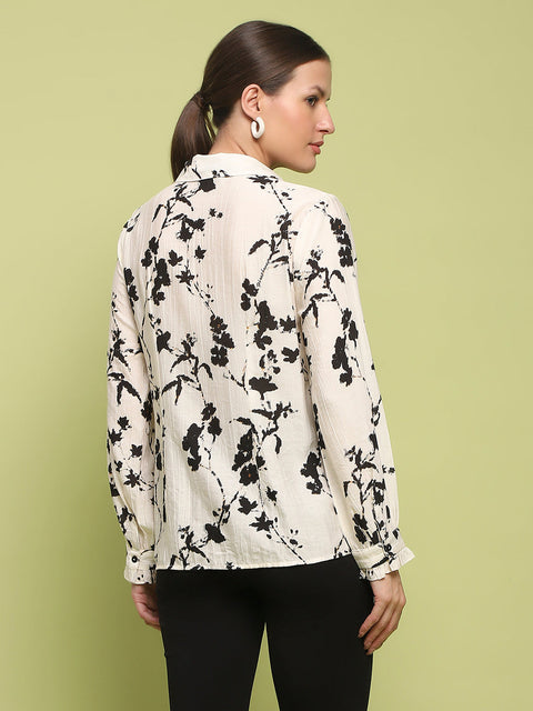 Madame Floral Print Buttoned Front Collared Off White Shirt