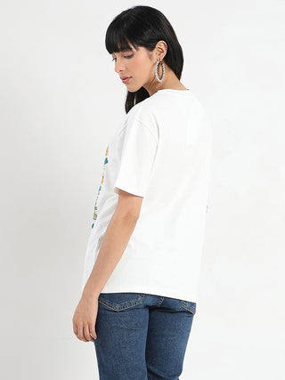 Madame Embroidered and Printed White Cotton T-shirt