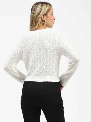 Madame Textured Round Neck Zip Up Off White Knit Top
