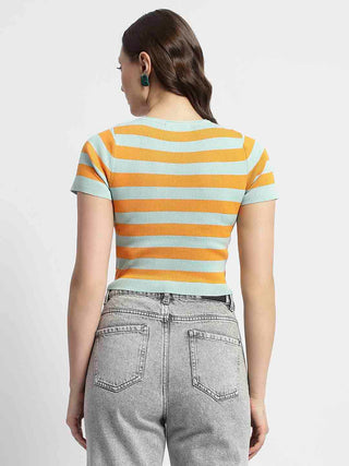 Madame Crew Neck Orange Striped Half Sleeve Crop Top