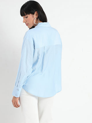 Madame Botanical Embroidery Blue Rayon Blend Shirt