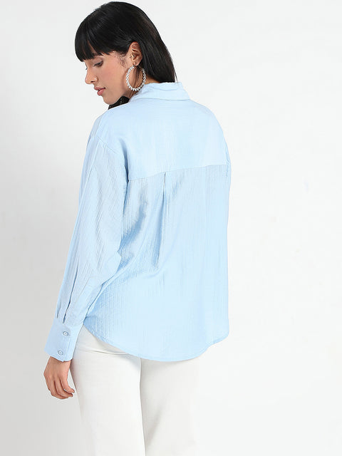 Madame Botanical Embroidery Blue Rayon Blend Shirt