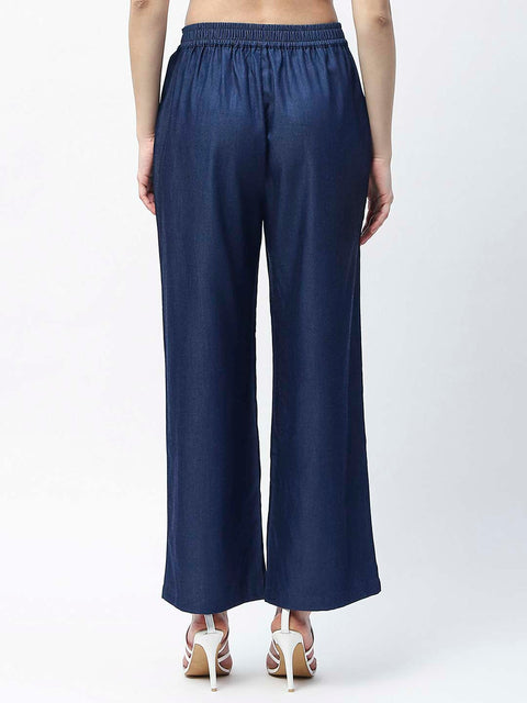 Madame Wide Leg Navy Blue Cotton Blend Trousers