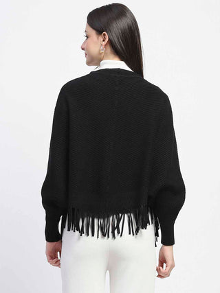 Madame Fringe Detailed Buttoned Solid Black Sweater