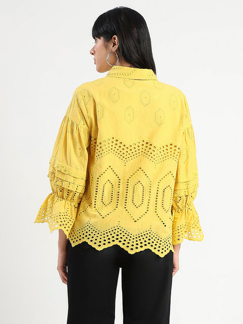 Madame Schiffli Mustard Yellow Cotton Shirt