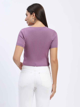 Madame Ribbed Round Neck Bodycon Solid Lilac Top
