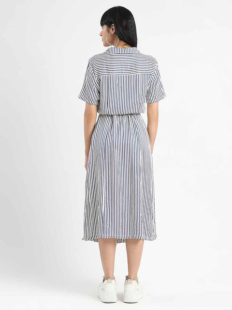 Madame Striped Navy Blue Midi Shirt Dress