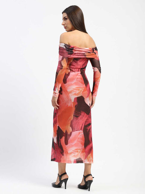 Madame Abstract Print Off Shoulder Semi Sheer Orange Maxi Dress