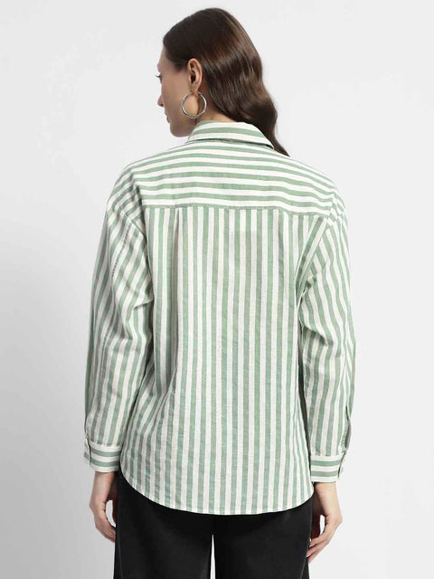 Madame Dusty Green And White Striped Regular Shirt