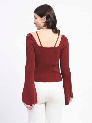 Madame Metal Accented Flounce Sleeve Red Knit Top