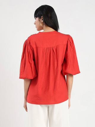 Madame Textured Ruffle Neck Rayon Blend Red Top