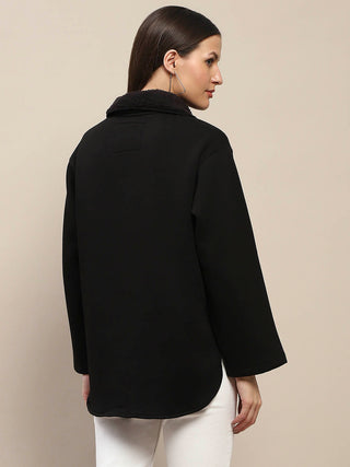 Madame Fleece Fur Attached Buttoned Black Zipper Sweatshirt