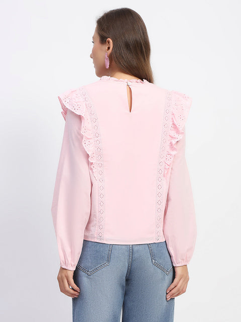 Madame Schilffli Adorned Ruffle Neck Pink Cotton Top