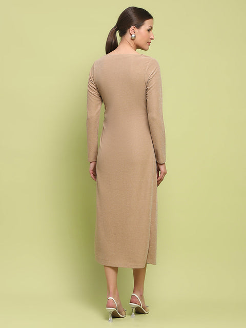 Madame Front Ruched Self Design Golden Knit Maxi Dress