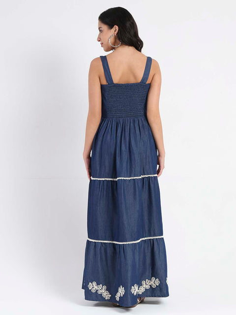 Madame Embroidered Tiered Hem Denim Maxi Dress