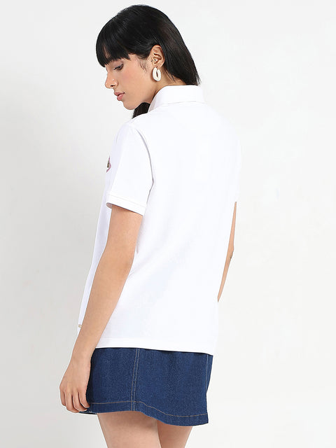 Madame Graphic Print Adorned Cotton Blend White Polo T-shirt