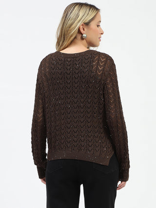 Madame Shimmer Detailed Crochet Crew Neck Knitted Coffee Brown Top