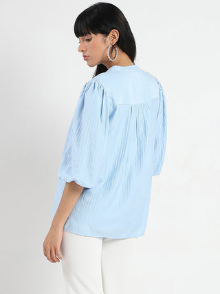 Madame Textured Ruffle Neck Rayon Blend Blue Top